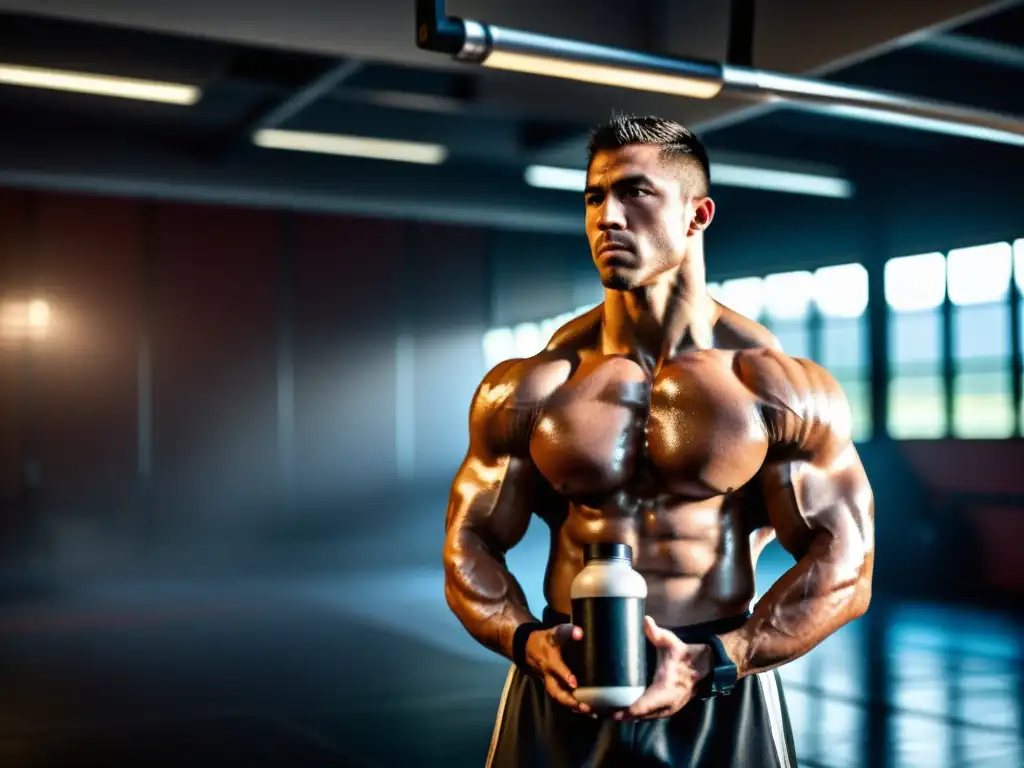 Un artista marcial musculoso y determinado consume un suplemento en un gimnasio, resaltando la intensidad y dedicación en su entrenamiento