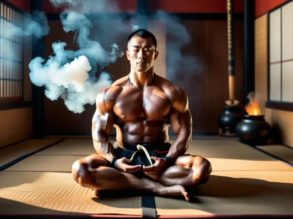 Un artista marcial musculoso medita en un dojo lleno de humo de incienso, rodeado de armas tradicionales