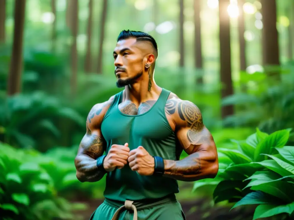 Un artista marcial musculoso y tatuado practica en un exuberante bosque, con suplementos veganos, irradiando fuerza y serenidad