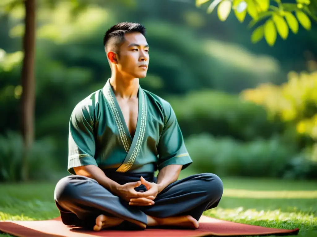 Un artista marcial meditando en la naturaleza, transmitiendo calma y conexión espiritual