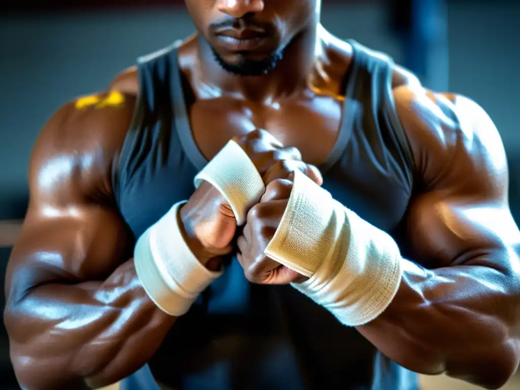 Un artista marcial se enfoca mientras envuelve sus nudillos con cinta, listo para entrenar con sacos de arena