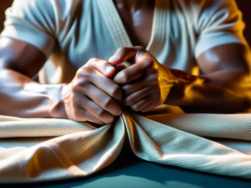 Un artista marcial se concentra, envolviendo sus nudillos en tela tradicional durante la preparación de eventos de artes marciales