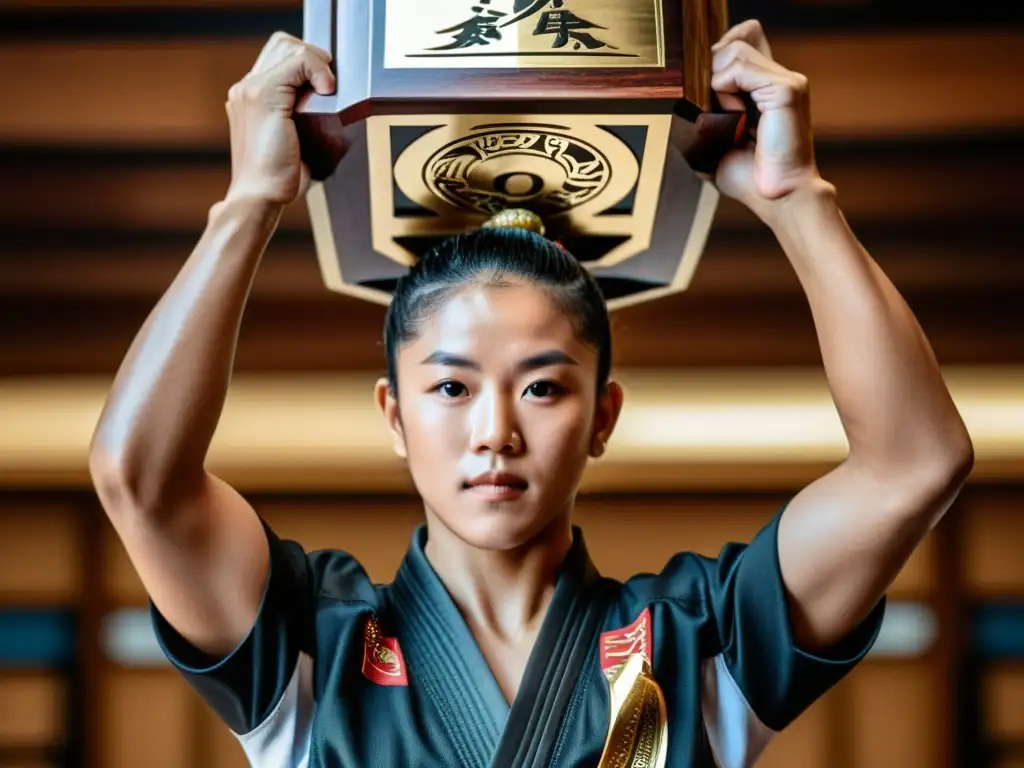 Un artista marcial sostiene con orgullo un trofeo personalizado en un dojo lleno de competidores y una auténtica atmósfera de logro