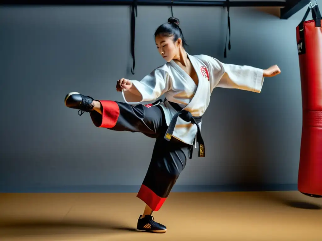 Un artista marcial ejecuta una patada alta con zapatillas de artes marciales, destacando su funcionalidad y diseño