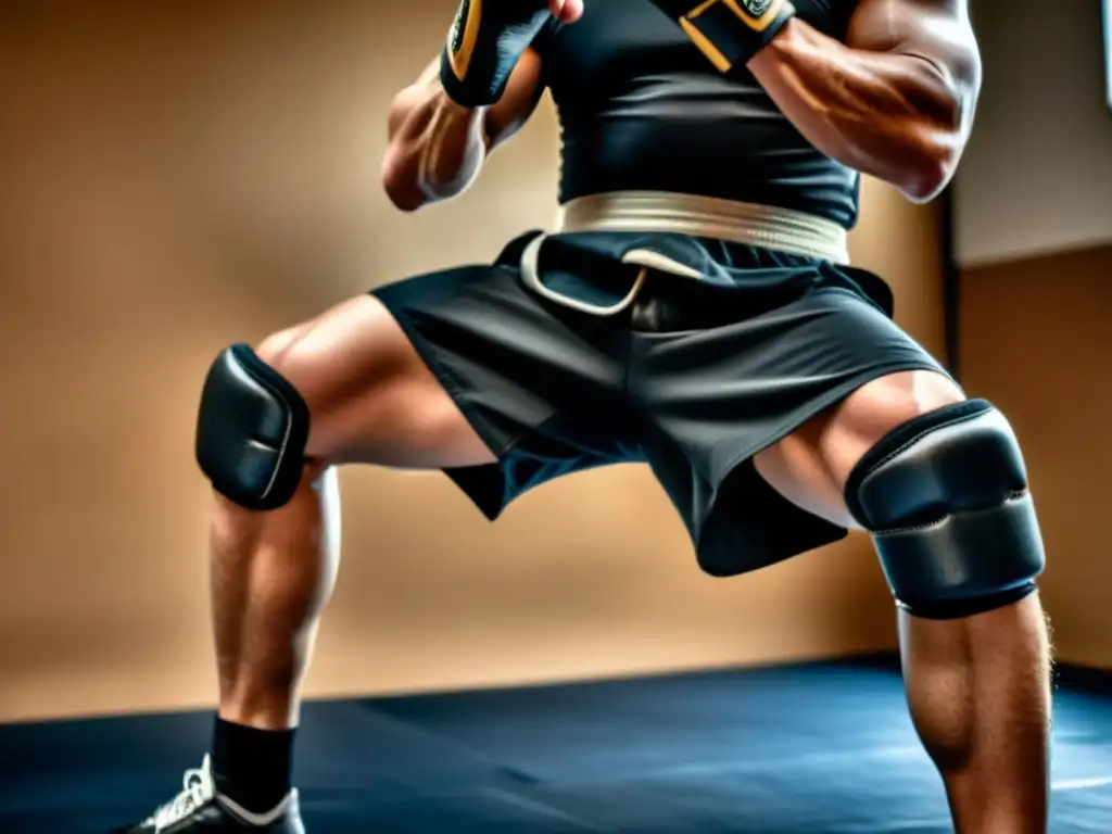 Un artista marcial ejecuta una patada alta con determinación y enfoque, demostrando el uso práctico de las rodilleras para artes marciales intensas