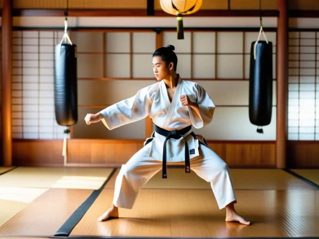 Un artista marcial ejecuta una patada alta en un dojo tradicional, mostrando fuerza y disciplina