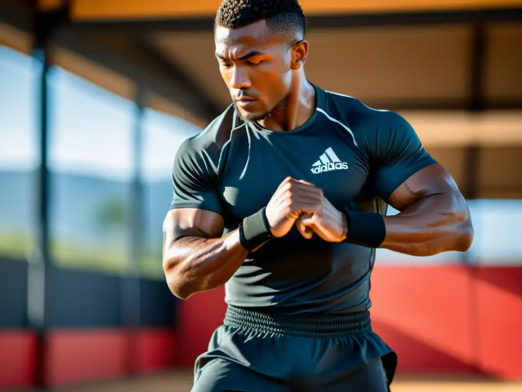 Un artista marcial ejecuta una patada precisa en un entorno soleado, usando ropa de entrenamiento para artes marciales, mostrando determinación y enfoque