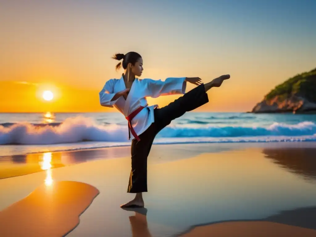 Un artista marcial ejecuta una patada lateral perfecta en una hermosa playa al atardecer, demostrando fuerza, equilibrio y enfoque