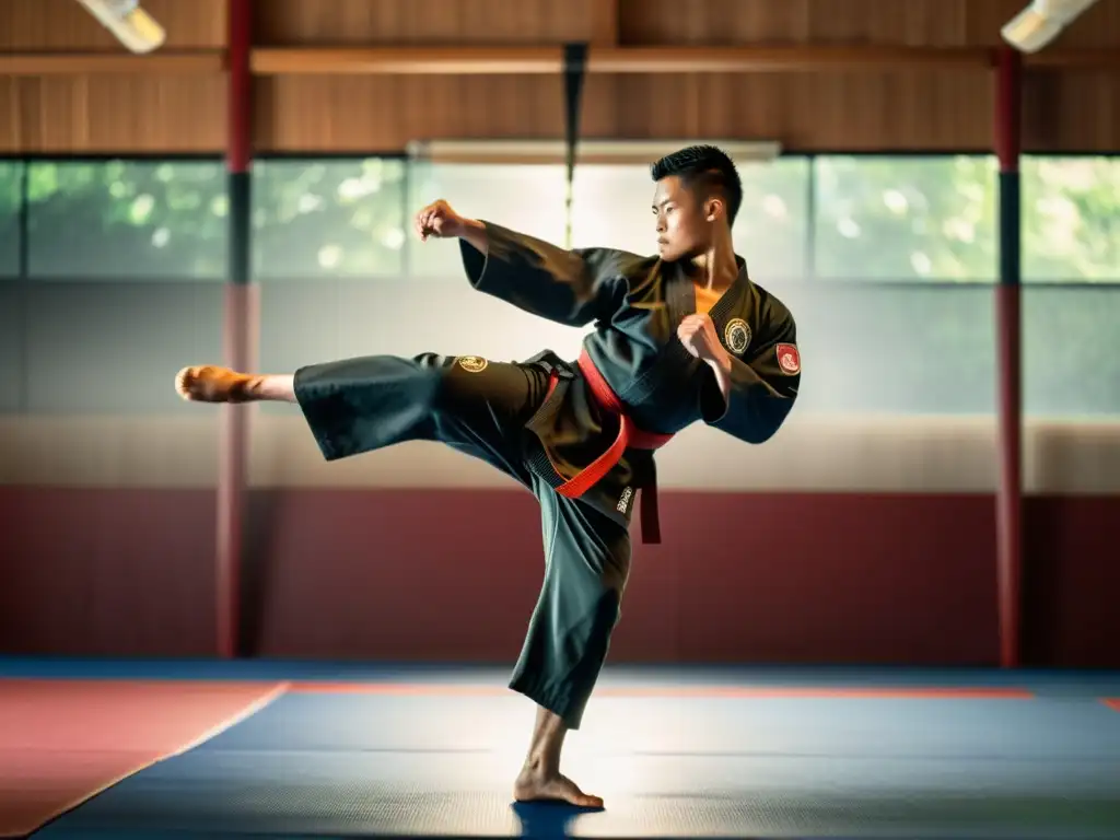 Un artista marcial ejecuta una patada potente en el aire, rodeado de un dojo lleno de estudiantes dedicados