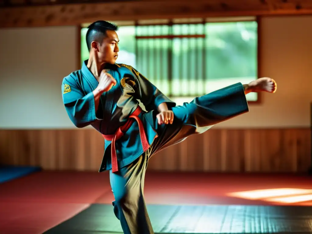 Un artista marcial ejecuta una patada precisa y poderosa en un dojo, destacando la concentración y fuerza