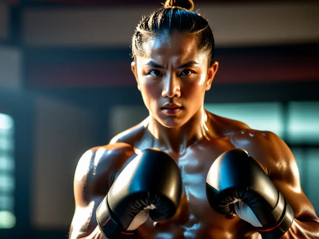 Un artista marcial ejecuta una patada redonda impecable, con el sudor brillando en su rostro determinado en un dojo tenue