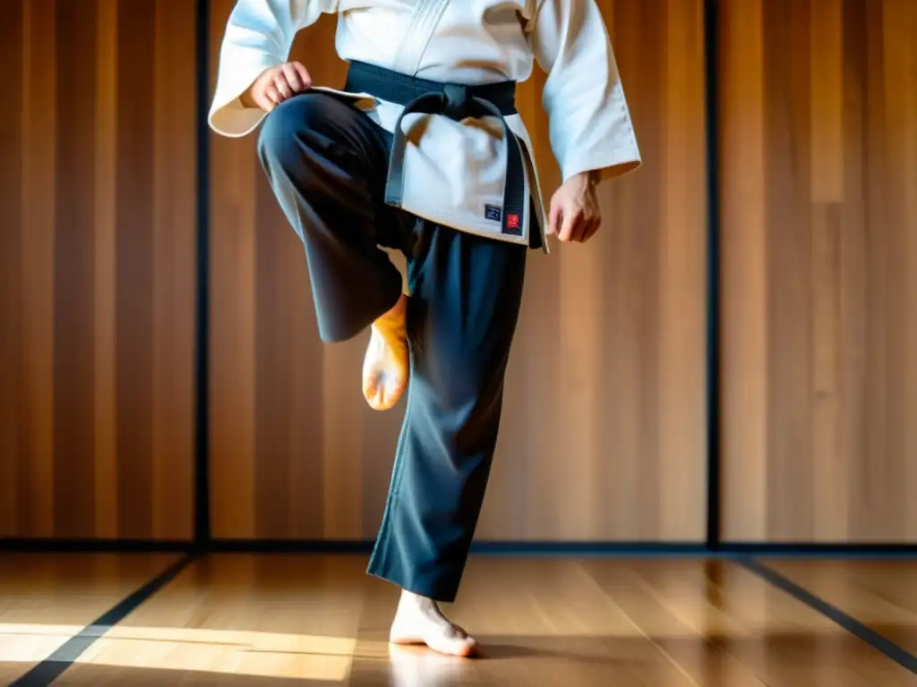 Un artista marcial ejecuta una patada redonda con perfección en un dojo sereno