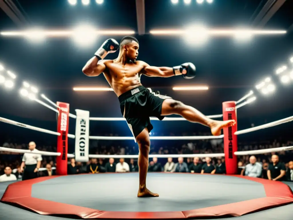 Un artista marcial ejecuta una patada precisa en un ring octagonal, demostrando dominio en tiempo y espacio en la pelea