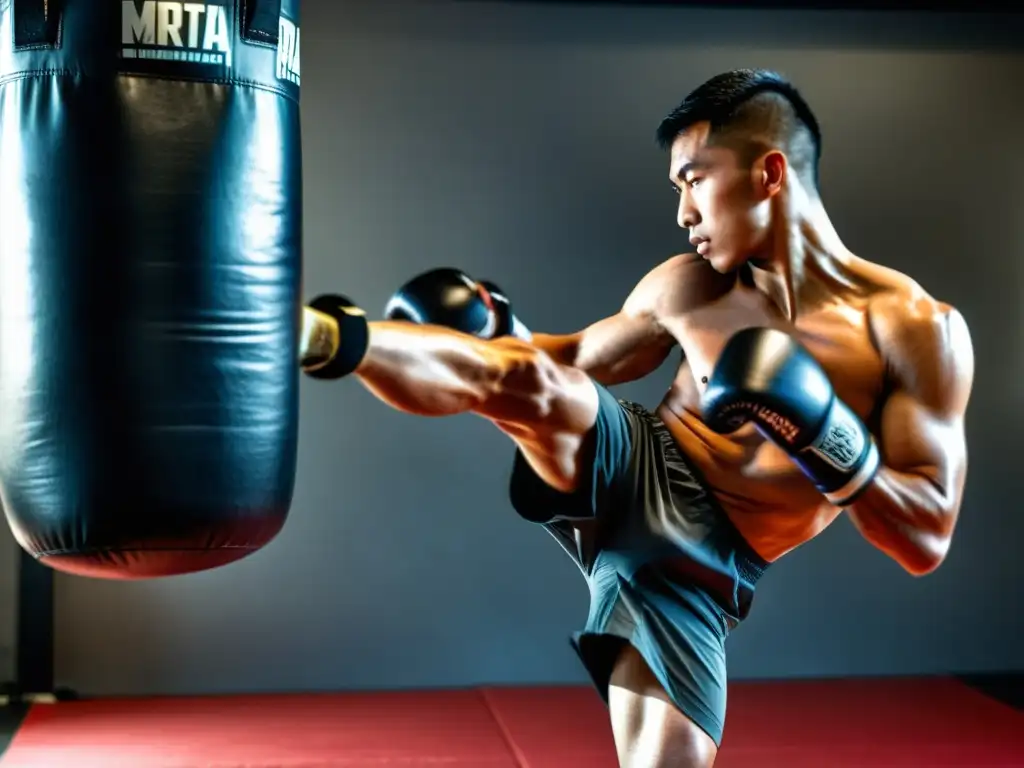 Explosivas patadas de artes marciales en un gimnasio moderno Un artista marcial ejecuta patadas precisas y potentes en un saco de boxeo, destacando la determinación y el entrenamiento moderno de artes marciales