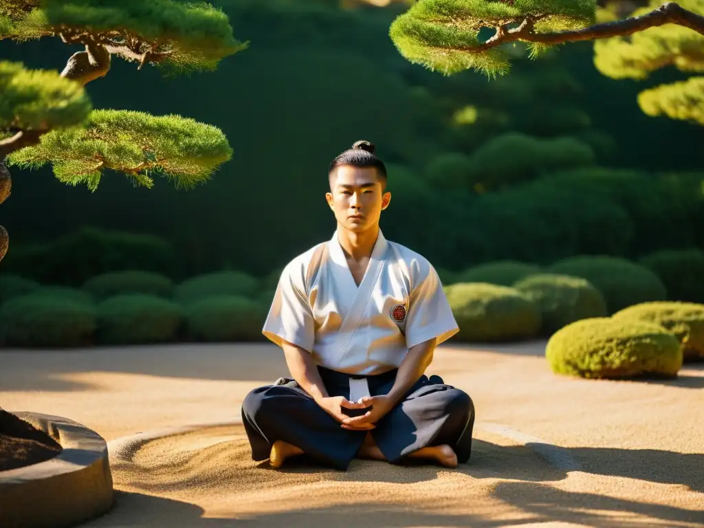 Armonía en el jardín: meditación del artista marcial Un artista marcial encuentra paz y concentración en un jardín japonés mientras realiza su entrenamiento mental en Taekwondo al atardecer