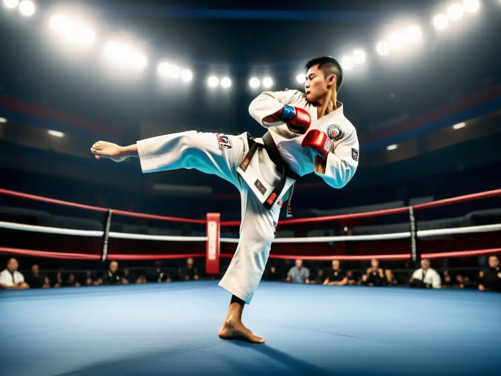 Un artista marcial ejecuta una perfecta patada voladora en una arena de MMA, destacando la influencia del Taekwondo en las MMA