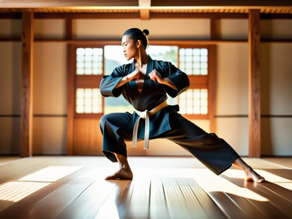 Un artista marcial realiza un perfecto split, mostrando su fuerza y flexibilidad en un tranquilo dojo