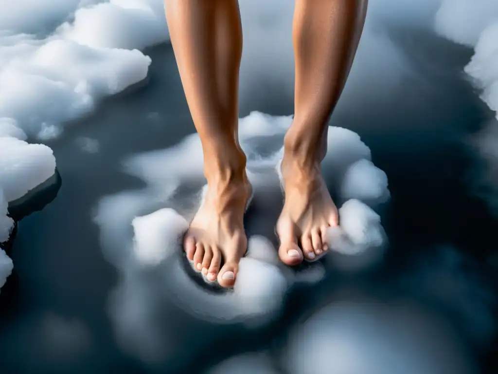 Un artista marcial concentra sus pies en un baño de hielo, rodeado de vapor, mostrando determinación