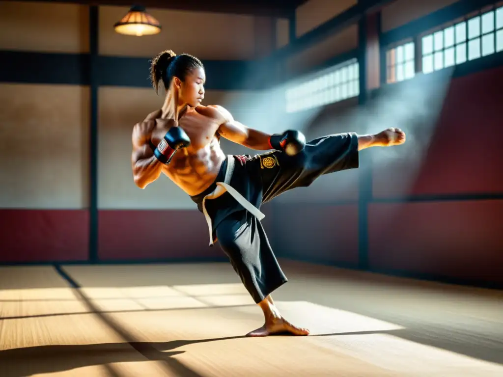 Un artista marcial en plena acción, ejecutando una potente patada con concentración intensa en un dojo tradicional