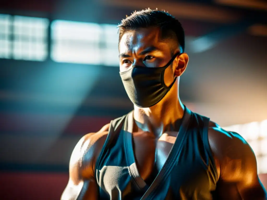 Un artista marcial en pleno entrenamiento, concentrado y lleno de determinación en un estudio soleado