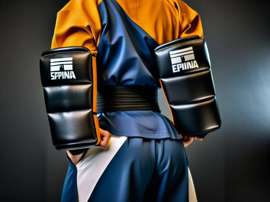 Un artista marcial en pleno movimiento, con las mejores espinilleras de artes marciales, resalta fuerza y destreza en el entrenamiento