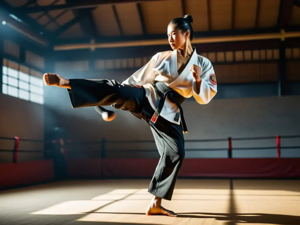 Un artista marcial en pleno vuelo realiza una potente patada circular en un dojo iluminado, transmitiendo determinación y disciplina