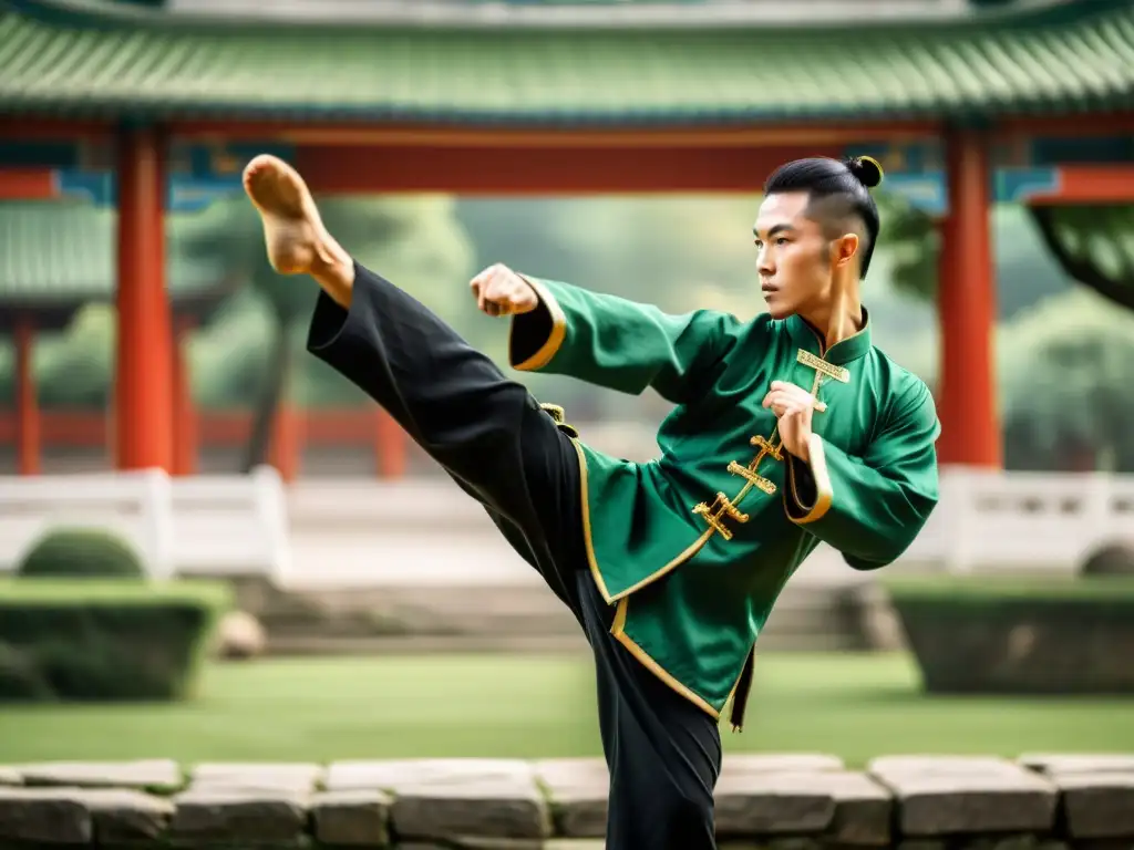 Un artista marcial ejecutando un poderoso y equilibrado golpe en un entorno de entrenamiento sereno, evocando la práctica competitiva de Kung Fu