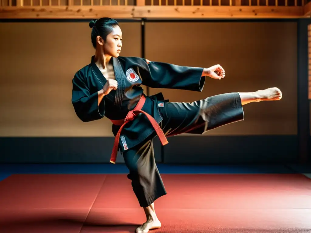 Un artista marcial ejecuta un poderoso patada alta en un dojo japonés, con un enfoque en la precisión y la intensidad del movimiento