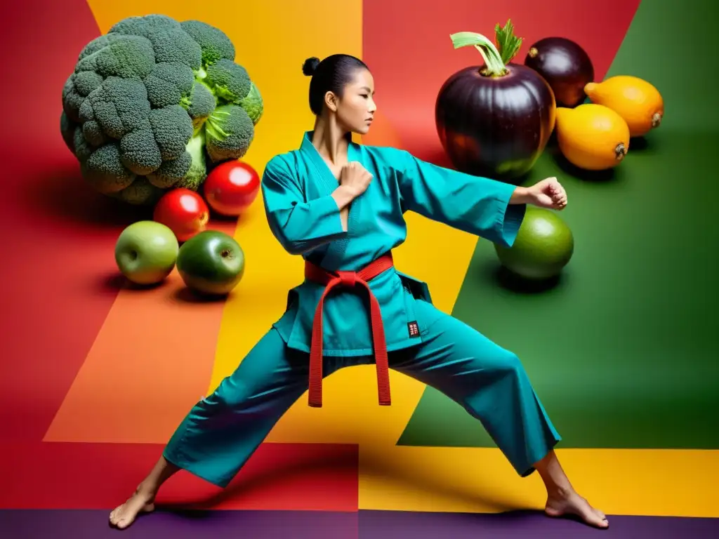 Un artista marcial en una pose dinámica rodeado de frutas y verduras antioxidantes, potenciando su fuerza y determinación