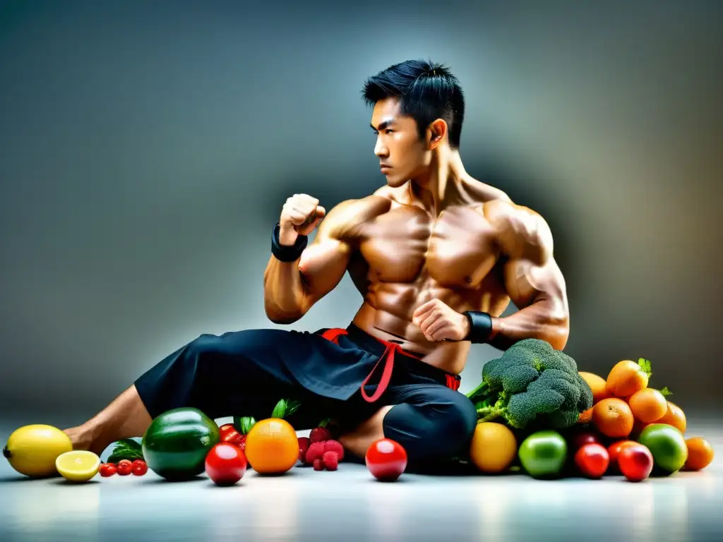 Un artista marcial destaca en una pose dinámica rodeado de frutas y verduras antioxidantes