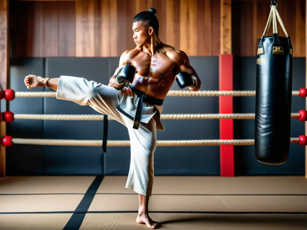 Artista marcial en postura dinámica, concentrado y sudoroso, entrenando en un dojo tradicional