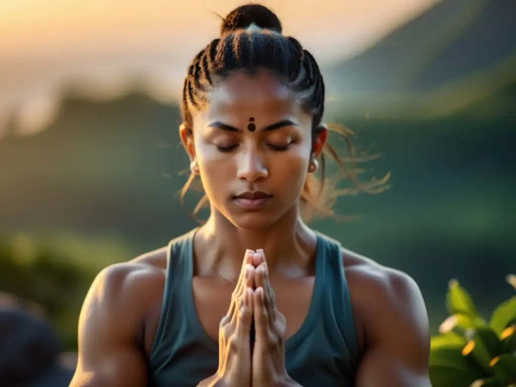 Un artista marcial en postura meditativa, rodeado de tranquilidad natural con el sol saliendo