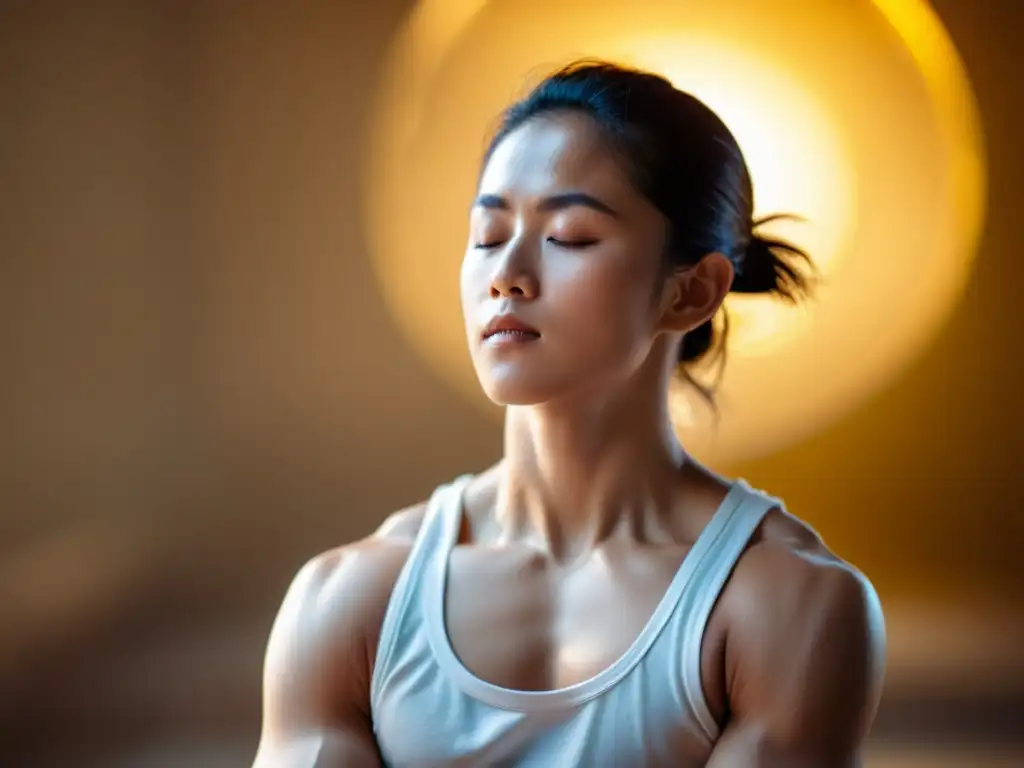 Un artista marcial en postura meditativa, rodeado de luz dorada, practica técnicas de pranayama para artes marciales