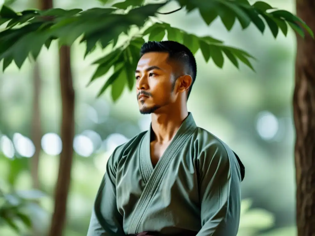 Un artista marcial en postura meditativa, rodeado de naturaleza exuberante