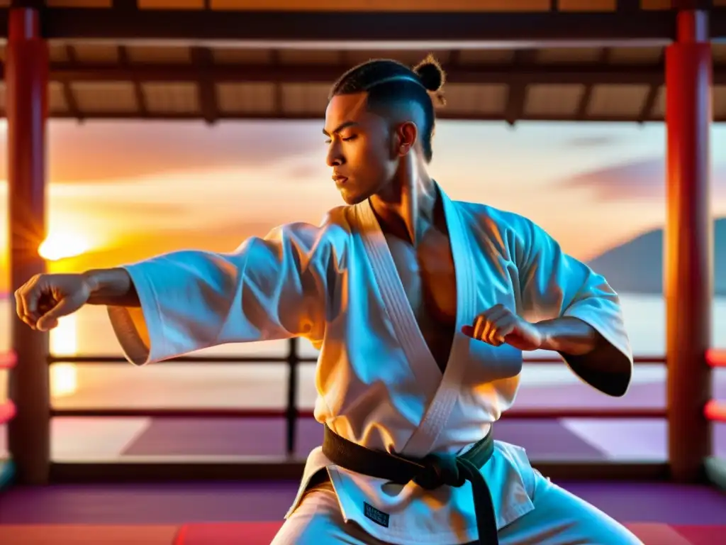 Un artista marcial en una postura serena y concentrada, rodeado por los vibrantes colores de un atardecer que iluminan el tranquilo dojo