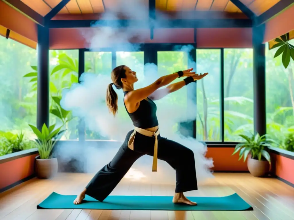 Un artista marcial en postura de yoga en un estudio sereno, simbolizando la sinergia entre yoga y artes marciales para el empoderamiento