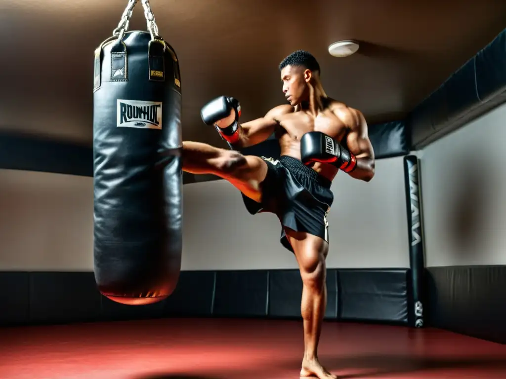 Un artista marcial ejecuta una potente patada en un saco de arena para entrenamiento en un gimnasio