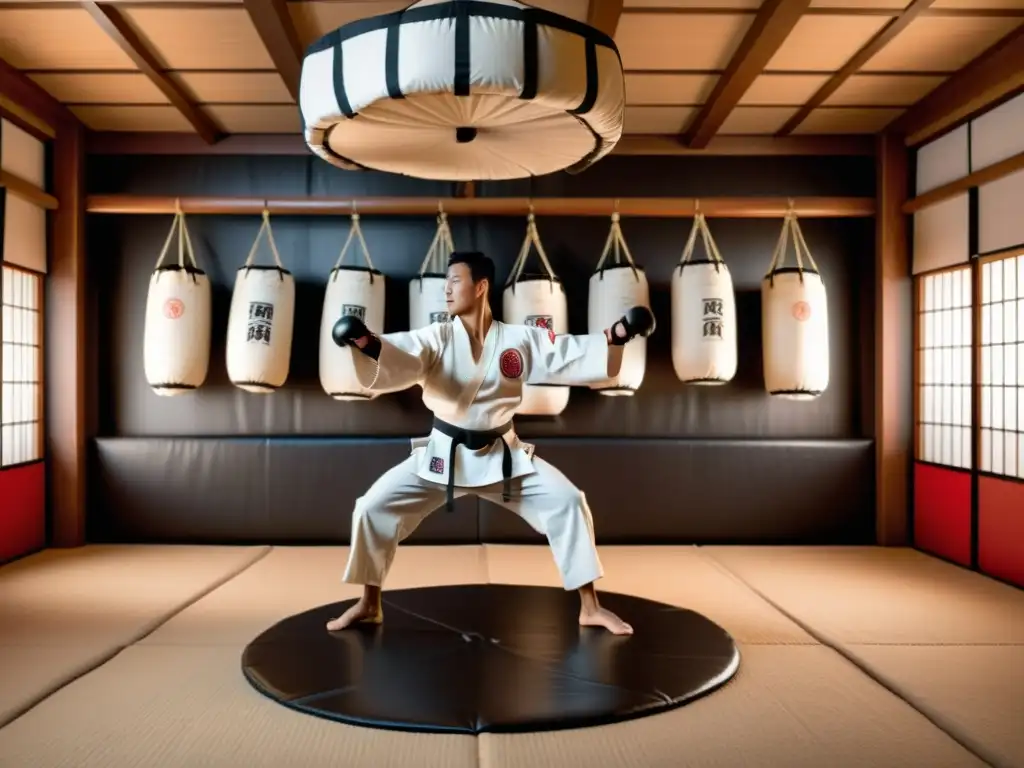 Un artista marcial realiza una potente patada giratoria en un dojo tradicional, levantando polvo de un saco de arena para entrenamiento