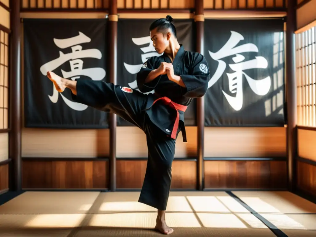 Un artista marcial ejecutando un potente roundhouse kick en un dojo tradicional