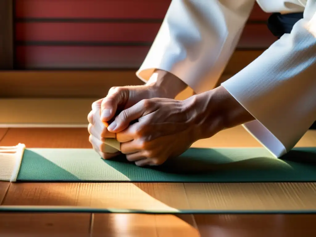 Un artista marcial se prepara para la práctica de Aikido, envolviendo con determinación sus manos con cinta