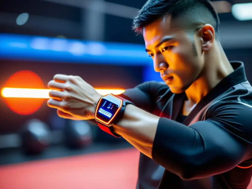 Un artista marcial usa wearables para practicantes de artes marciales, fusionando tradición y tecnología de vanguardia en su entrenamiento