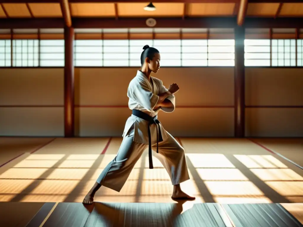 Maestro de artes marciales en dojo iluminado ejecutando movimiento preciso Un artista marcial ejecuta una precisa y fluida técnica en un dojo iluminado por el sol, evocando disciplina y claridad mental