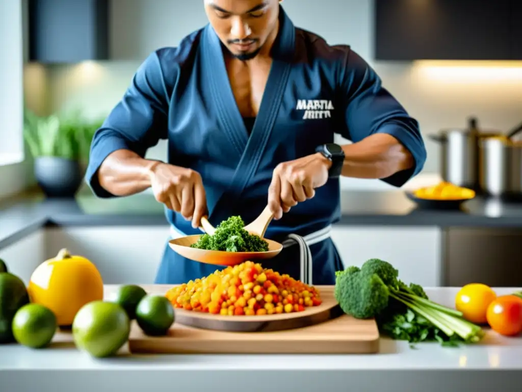 Un artista marcial prepara con precisión una comida holística en una cocina moderna y bien iluminada, mostrando equilibrio y atención