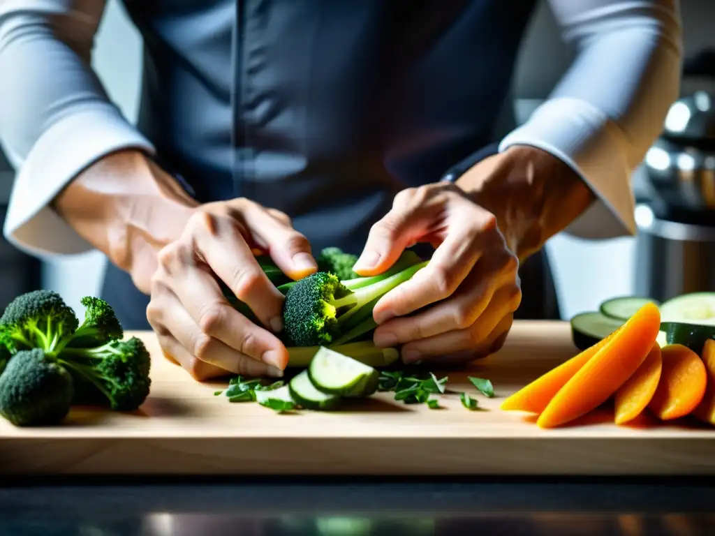 Un artista marcial prepara con precisión una receta post entrenamiento en una cocina minimalista, mostrando determinación y enfoque
