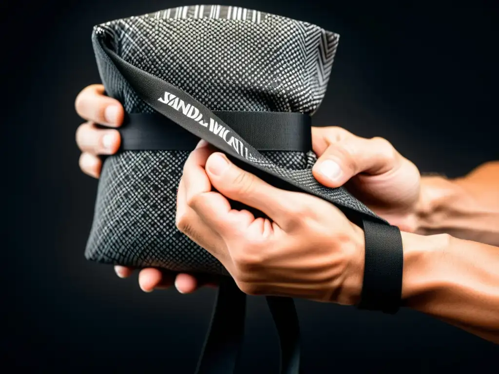 Un artista marcial envuelve con precisión unos sacos de arena para entrenamiento, mostrando dedicación y fuerza en la imagen dramática
