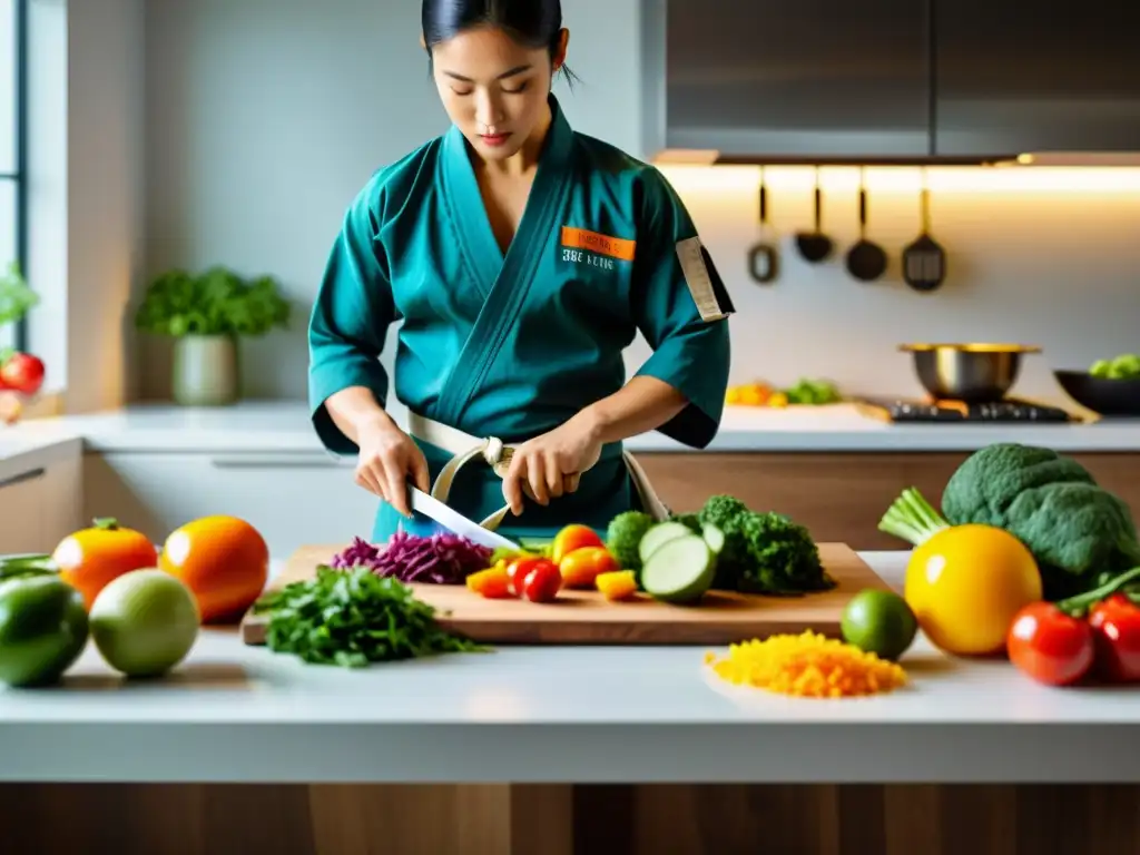 Un artista marcial prepara con precisión una saludable comida balanceada, evitando errores comunes dieta artes marciales