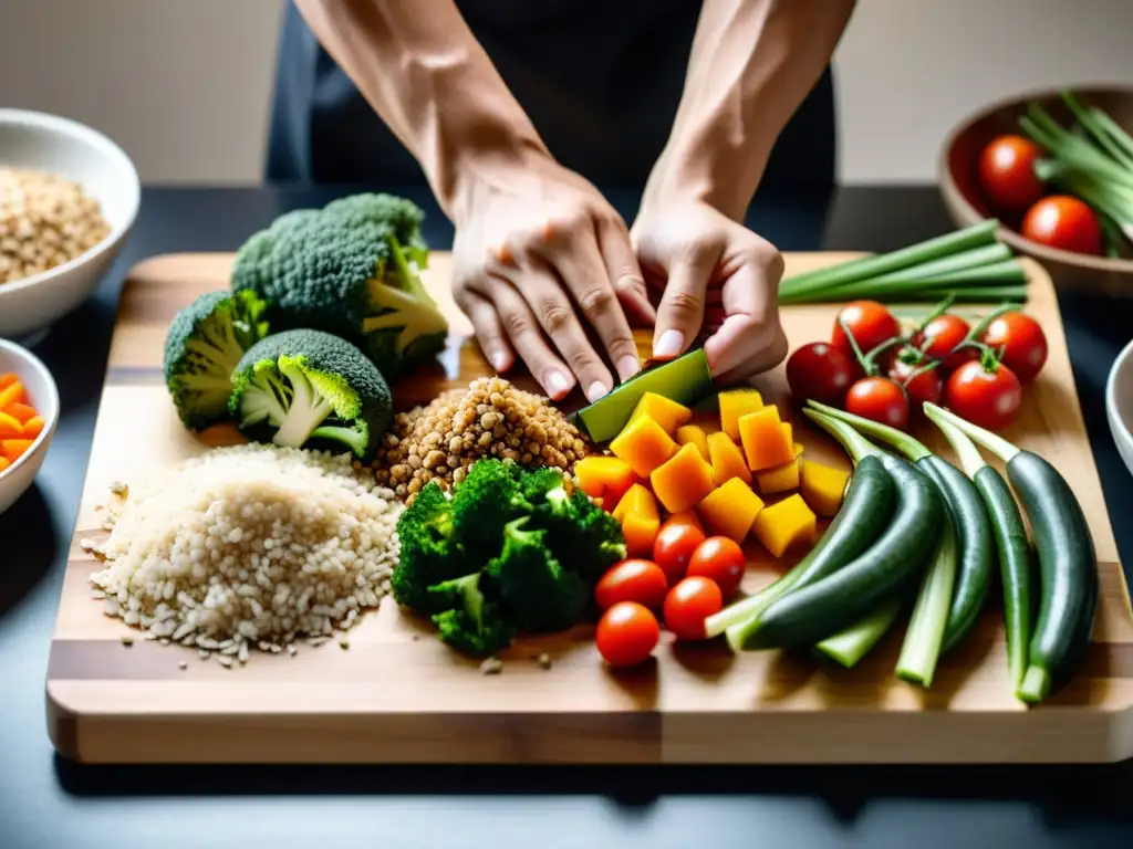 Un artista marcial prepara con precisión un saludable banquete de ingredientes frescos