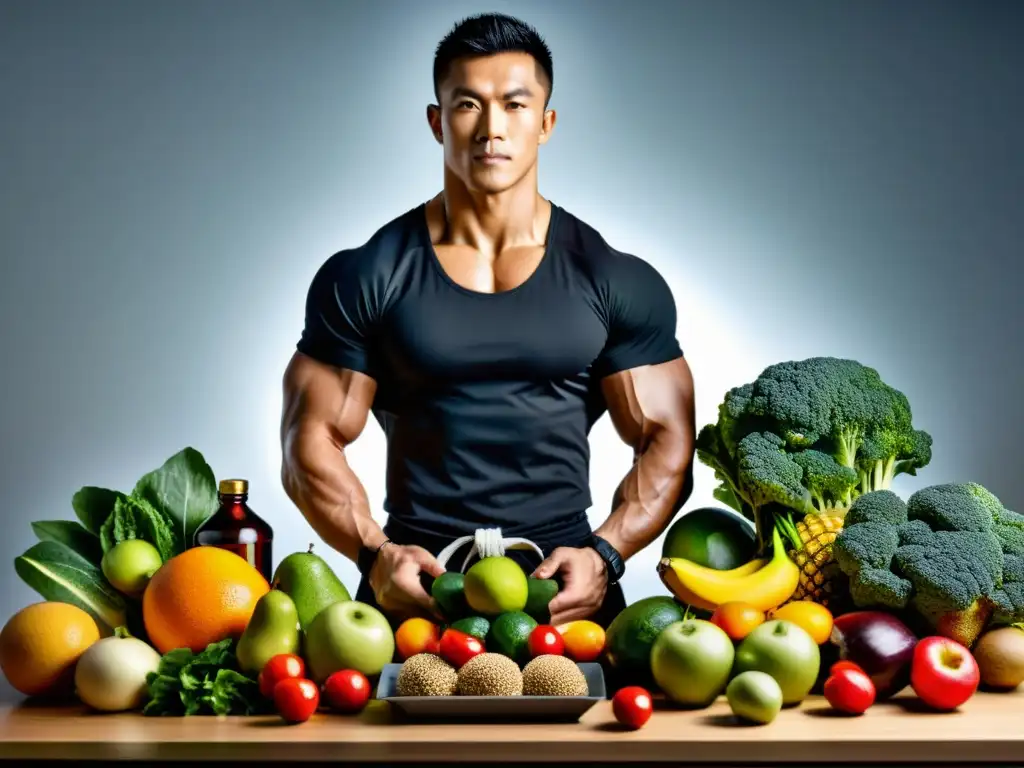 Un artista marcial profesional prepara meticulosamente una comida equilibrada rodeado de frutas, verduras y suplementos