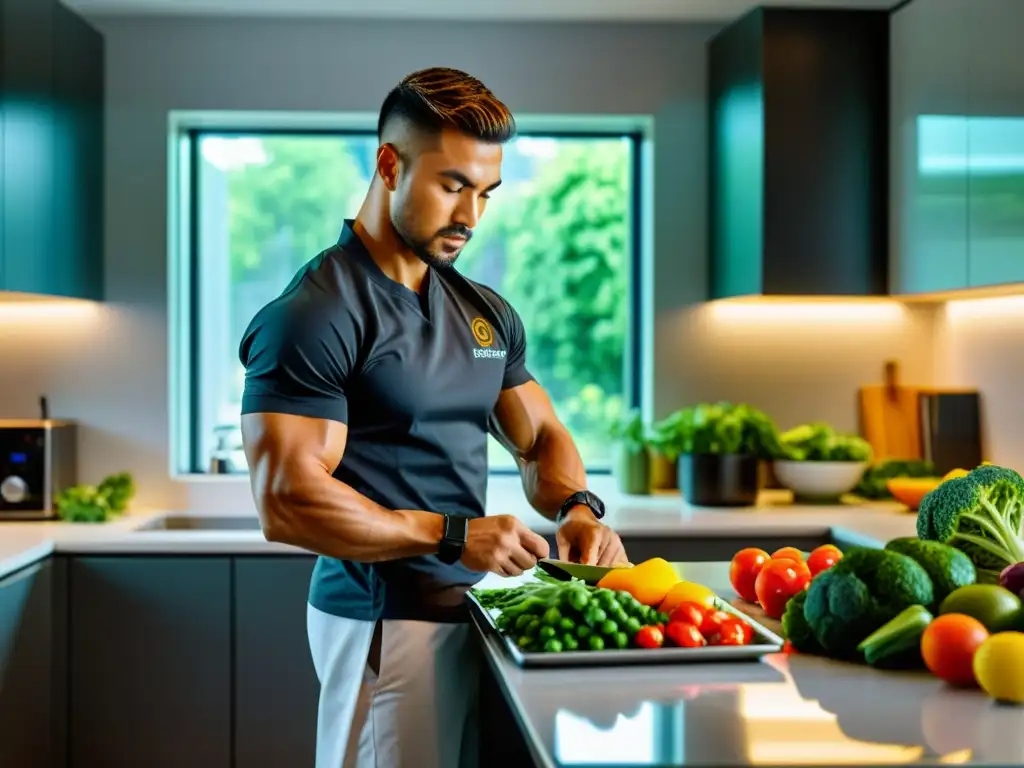 Un artista marcial profesional prepara con determinación una comida cetogénica en una cocina moderna y ordenada