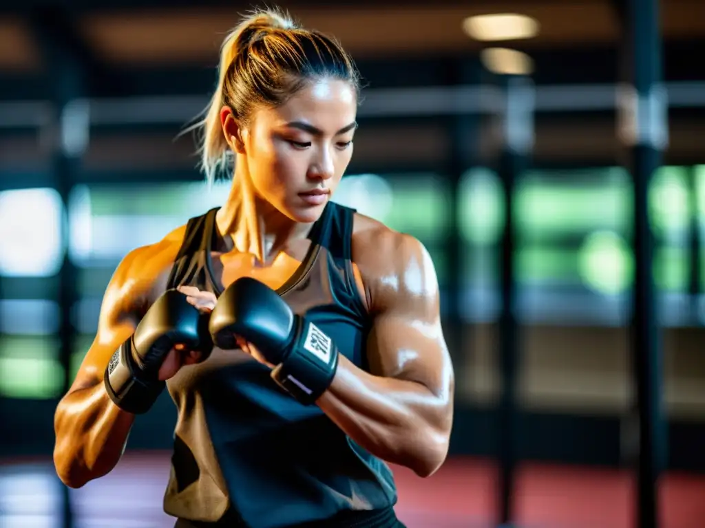 Un artista marcial profesional usa un dispositivo wearable moderno en un gimnasio atmosférico mientras entrena